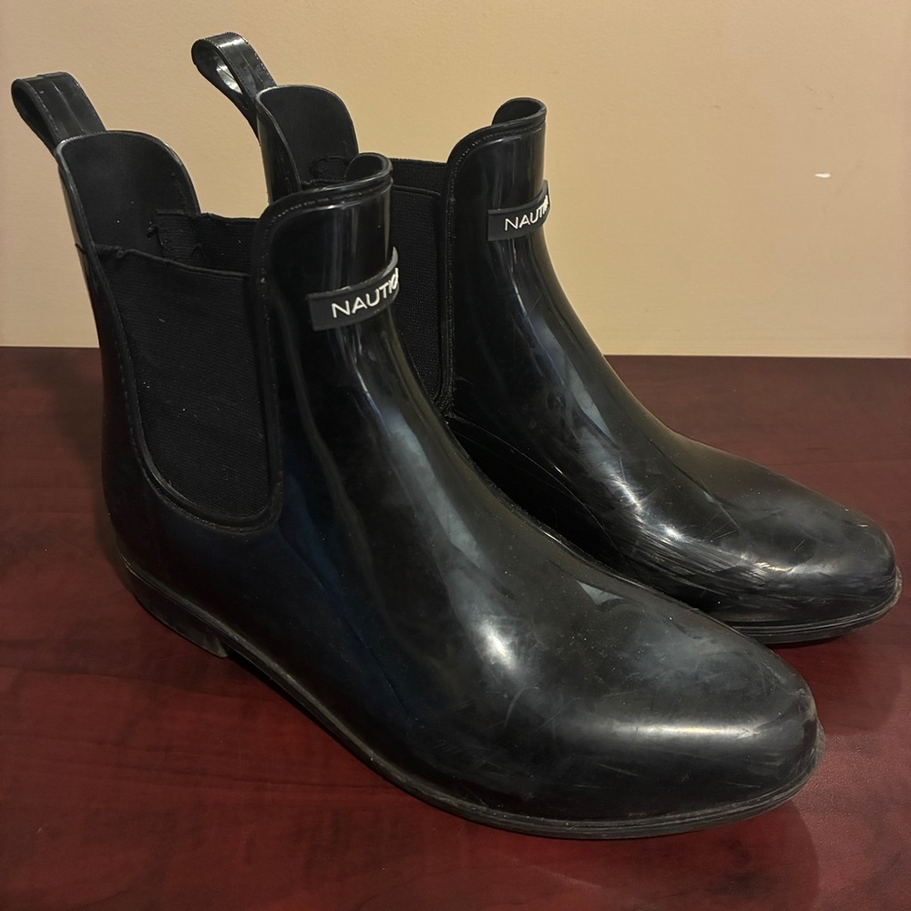 Nautica Black Ankle Rain Boots Chelsea Waterproof Pull On Size 10